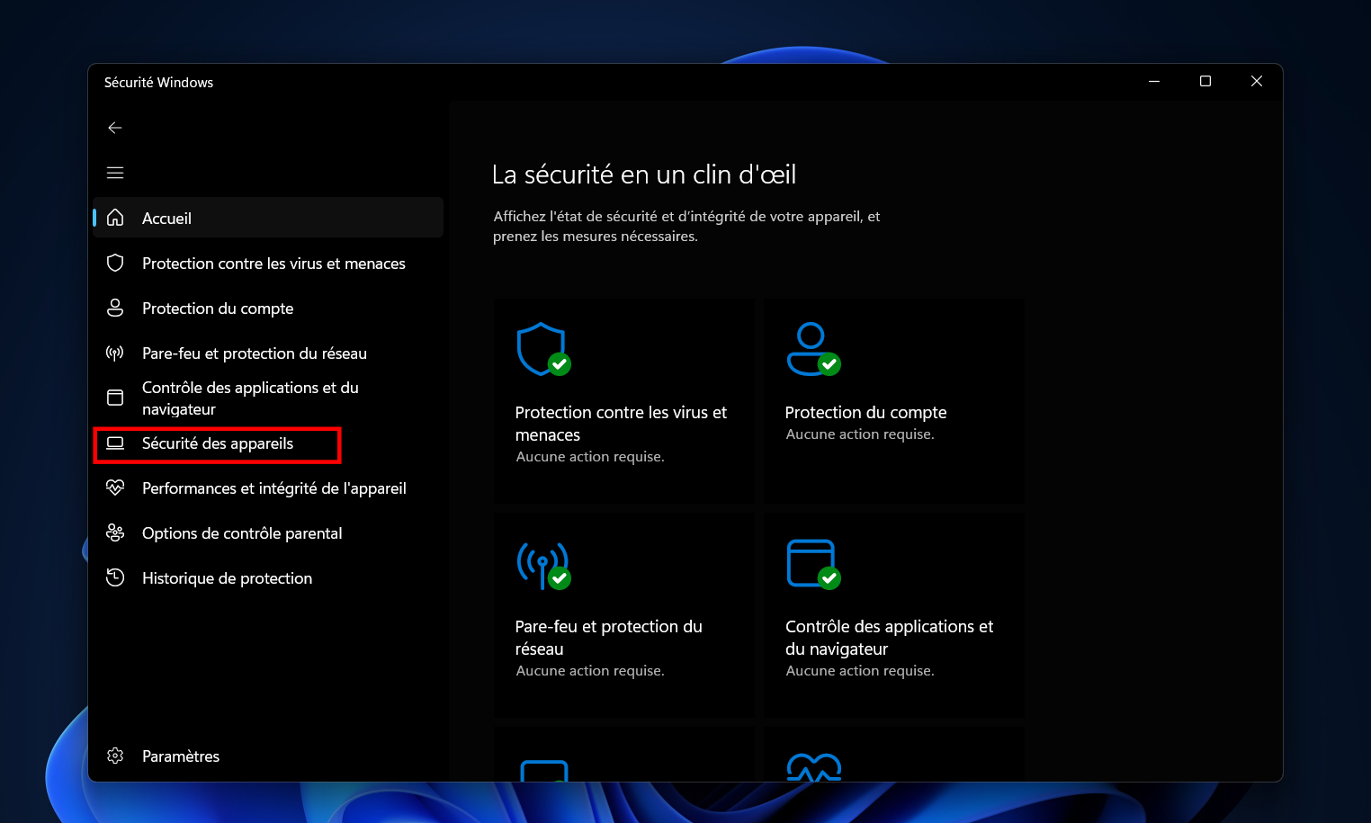 Rendez-vous dans Sécurité Windows > Sécurité des appareils. © Clubic