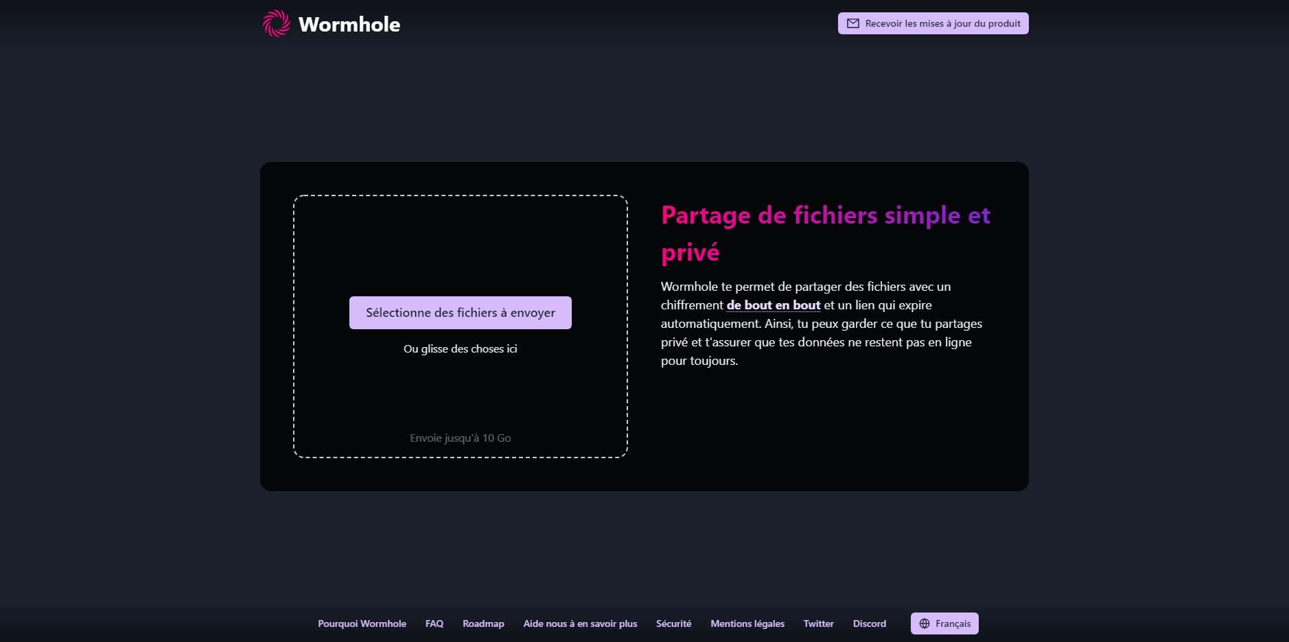 Interface Wormhole - Partager des fichiers simplement
