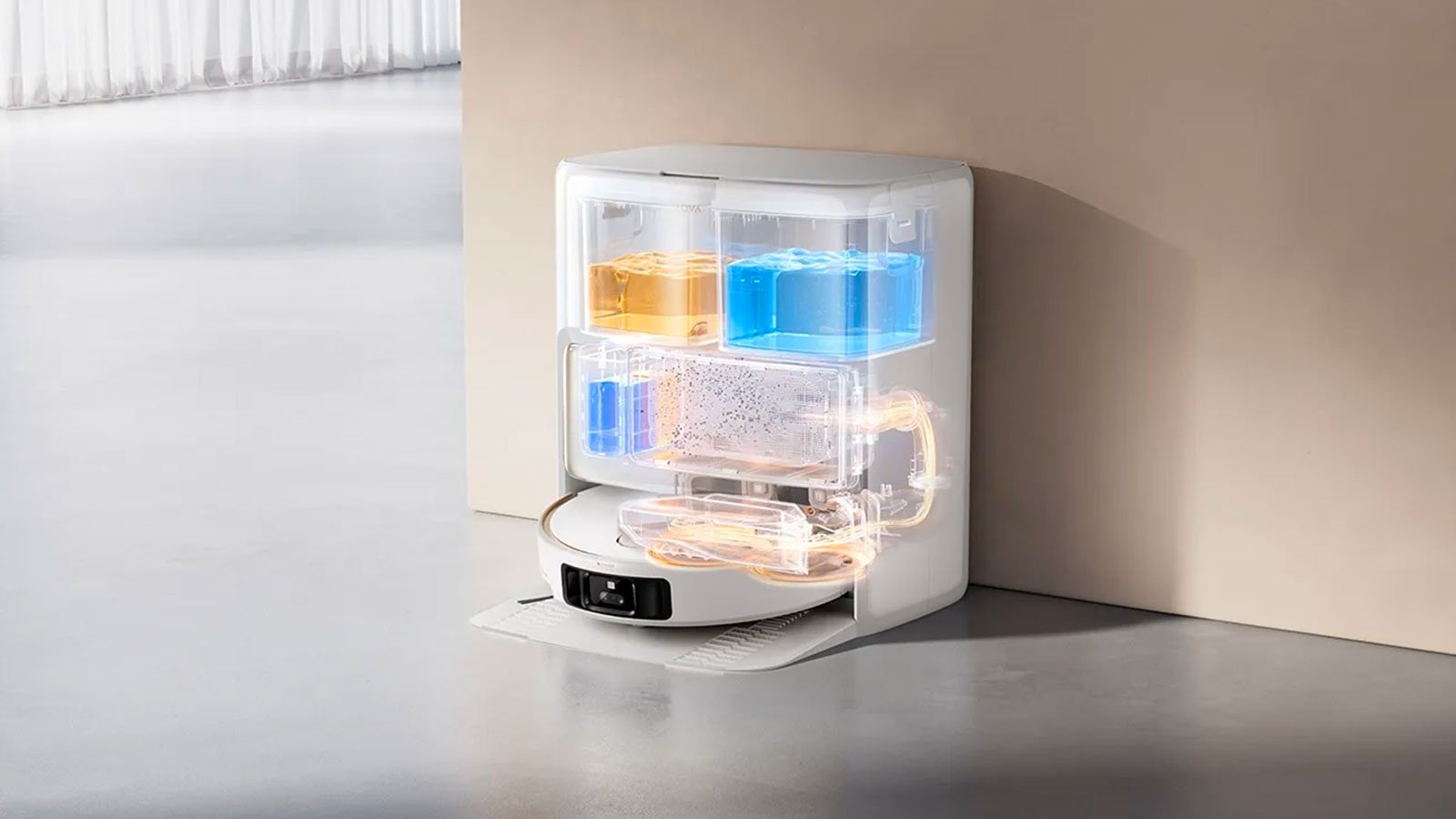 Avec sa station OmniDry™ qui lave et sèche en 1 h, le V50 Ultra Complete reste toujours prêt, fiable et discret ©MOVA