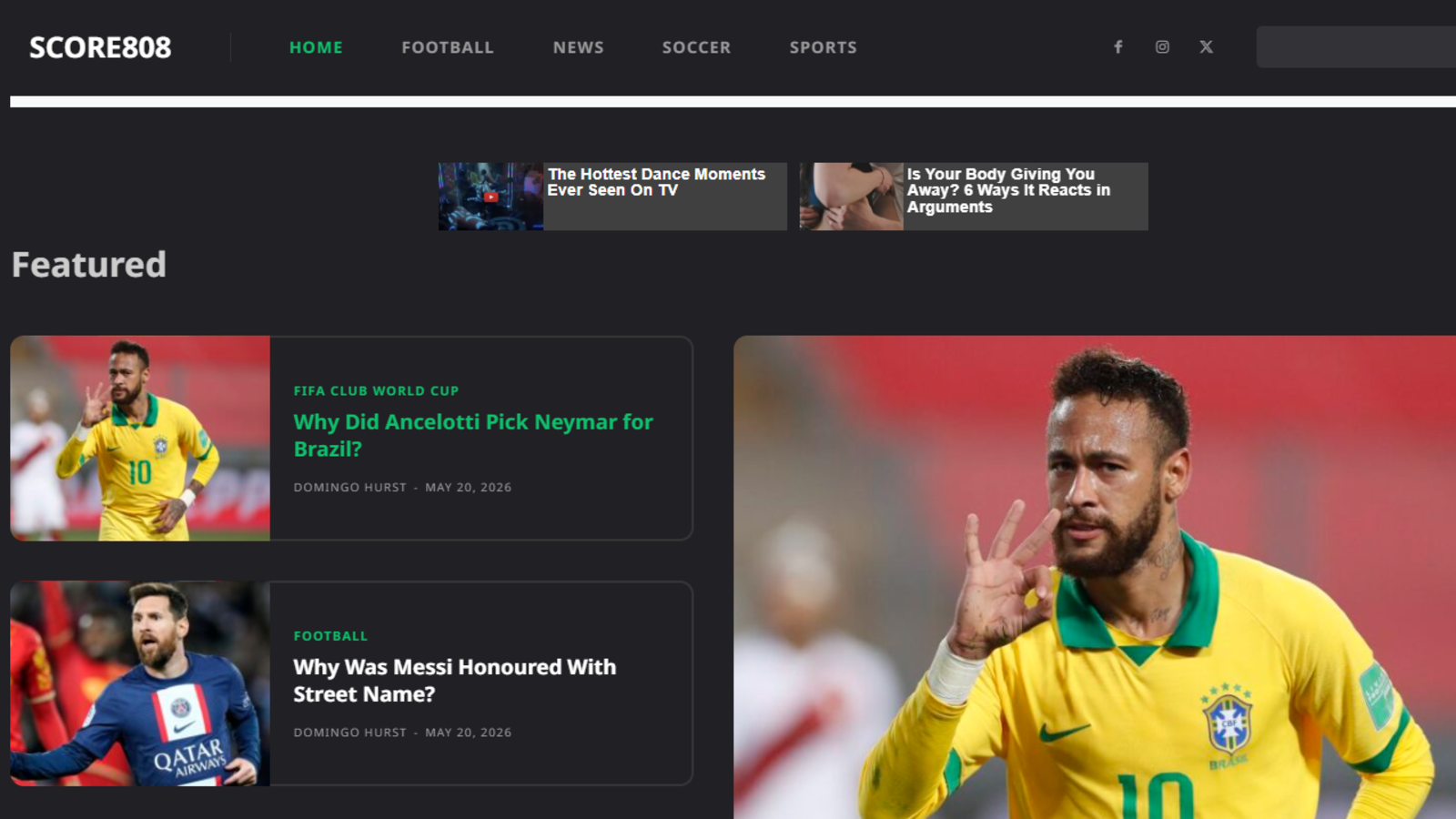 Score808 rassemble actualités sportives, football et contenus autour des grands événements. L’interface met rapidement en avant les sujets et matchs populaires du moment. © Score808