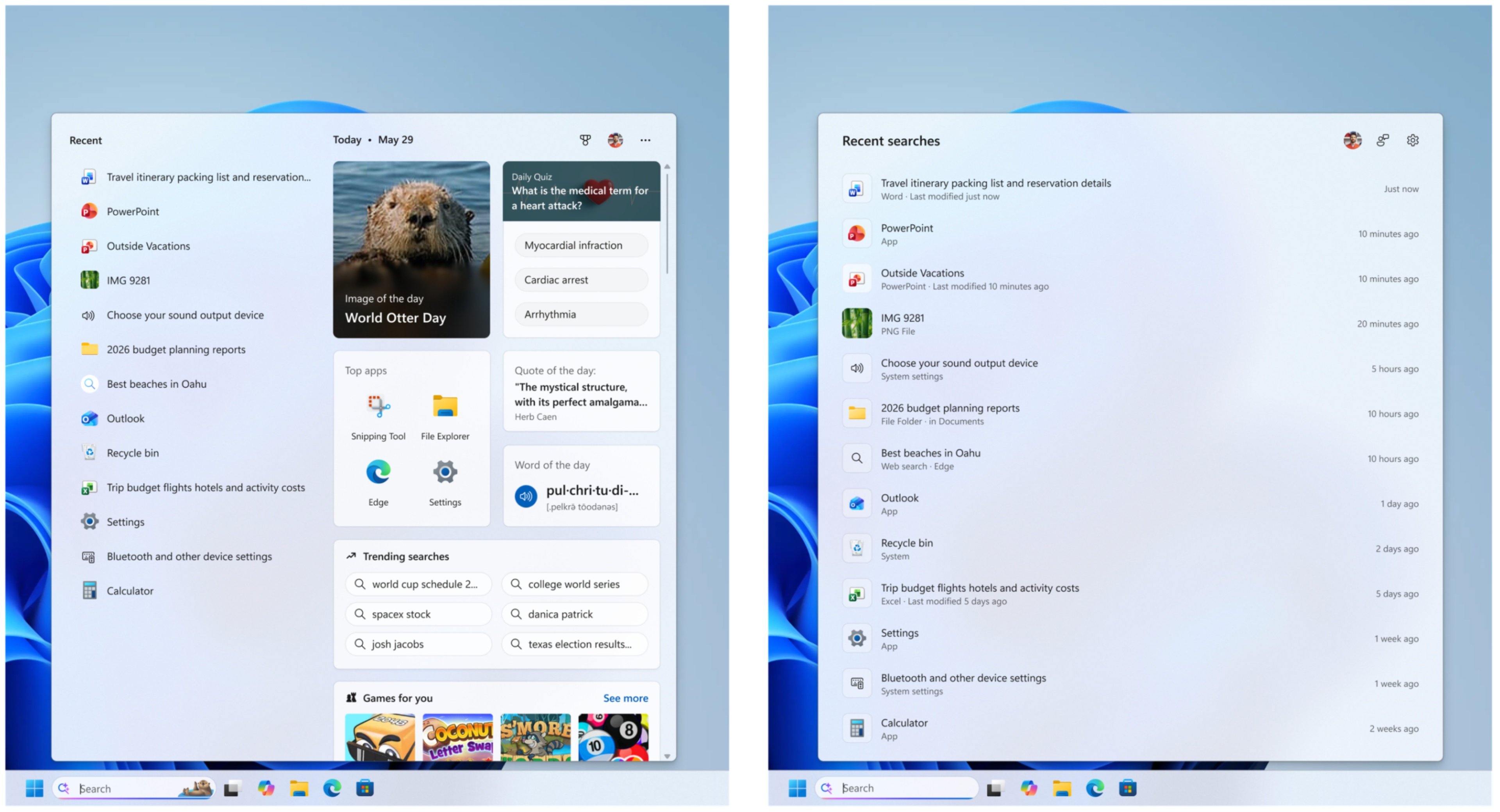 Le panneau d'accueil de la recherche, avant (à gauche) et après (à droite). © Microsoft