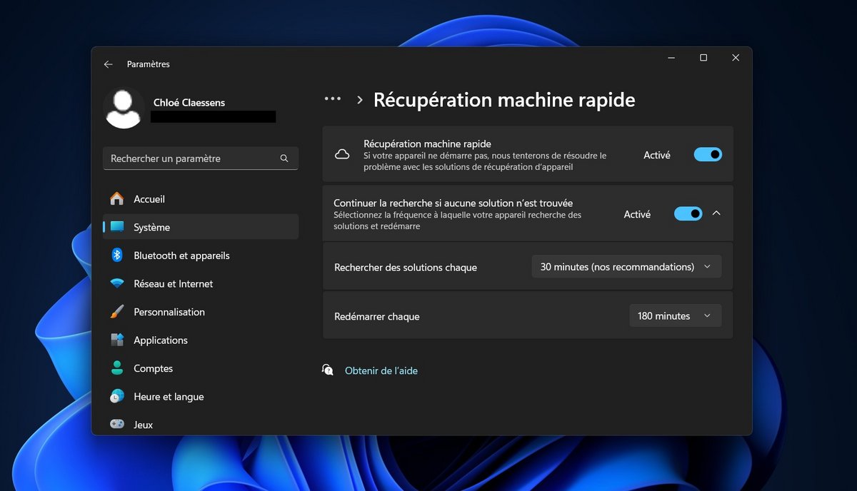 Depuis les paamètres du système, vous pourez bientôt configurer la récupération rapide de la machine (QMR) pour autoriser Windows à rechercher et appliquer à distance les correctifs en cas de défaillance critique de l'OS. © Clubic