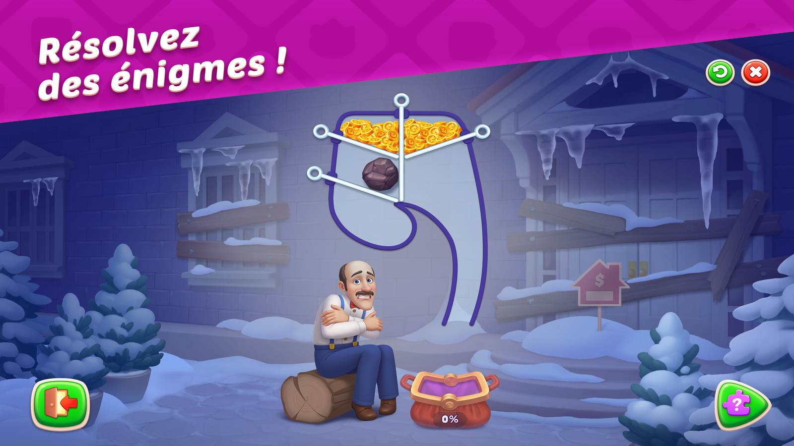 Homescapes propose des énigmes à résoudre entre deux niveaux de match-3, avec Austin confronté à de nouveaux défis. © Playrix