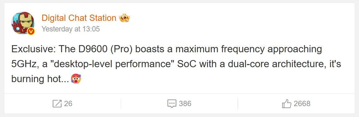 Le célèbre leaker annonce des cadences jusqu'à 5 GHz. ©Weibo / DigitalChatStation