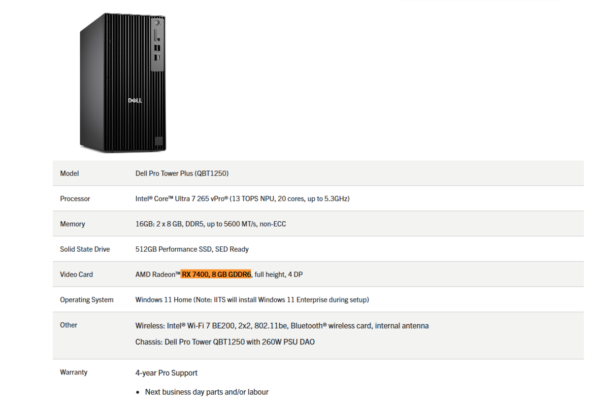 La RX 7400 n'a pour l'heure été aperçue qu'au sein d'un PC Dell Pro Tower Plus. ©Wccftech