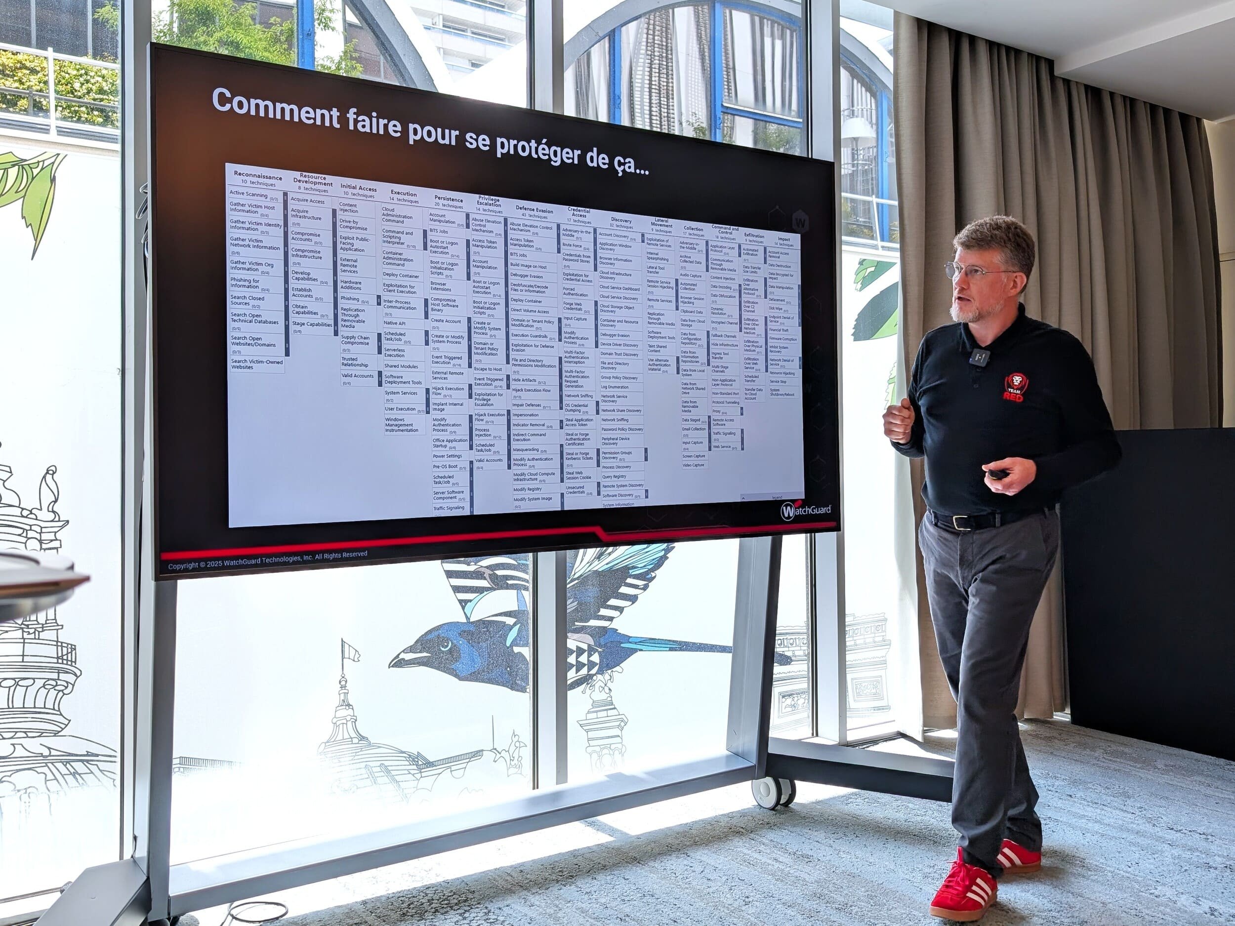 Pascal Le Digol (WatchGuard), en plein rappel de ce qu'est la matrice MITRE ATT&CK © Alexandre Boero / Clubic