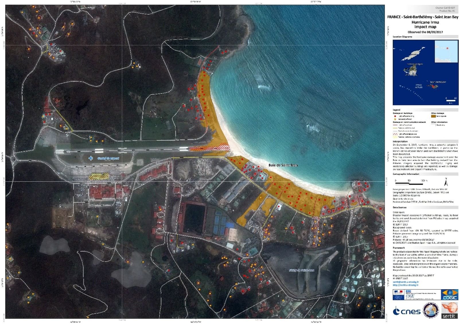 Cette carte présente l’évaluation des dégâts de l’ouragan Irma, dans la région de la baie de Saint-Jean à Saint Barthélemy, dressée grâce à l’imagerie spatiale. © CNRS