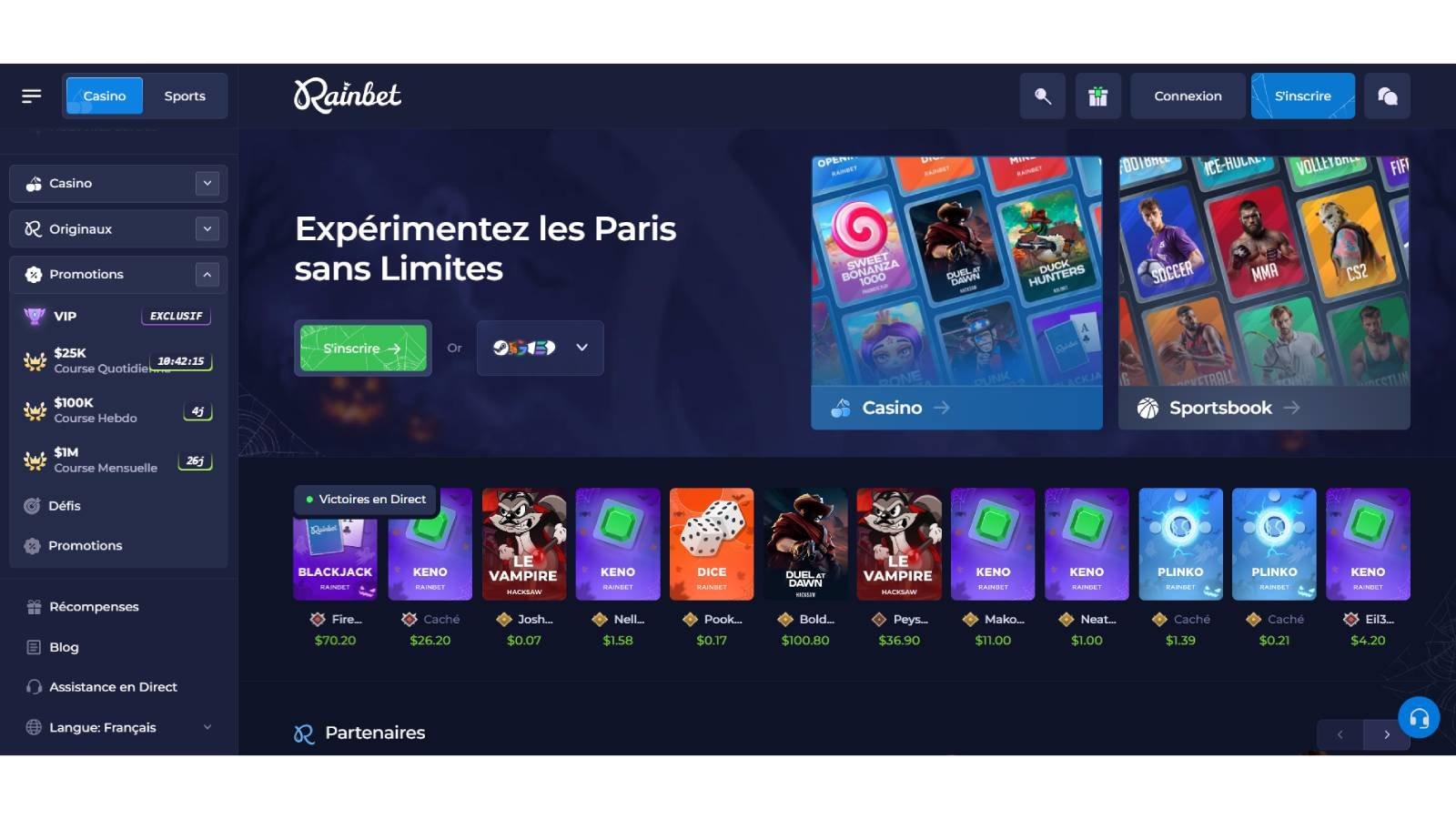 Rainbet propose une interface regroupant les jeux de casino, les jeux originaux, les paris sportifs et les principales fonctionnalités de la plateforme. © Rainbet