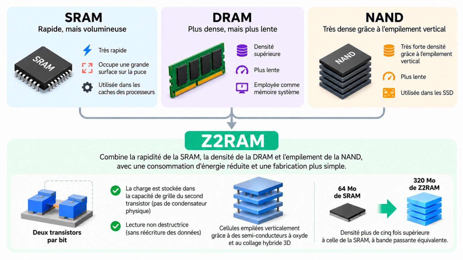 La Z2RAM prendrait le meilleurs des trois technologies de mémoire. ©Clubic avec ChatGPT