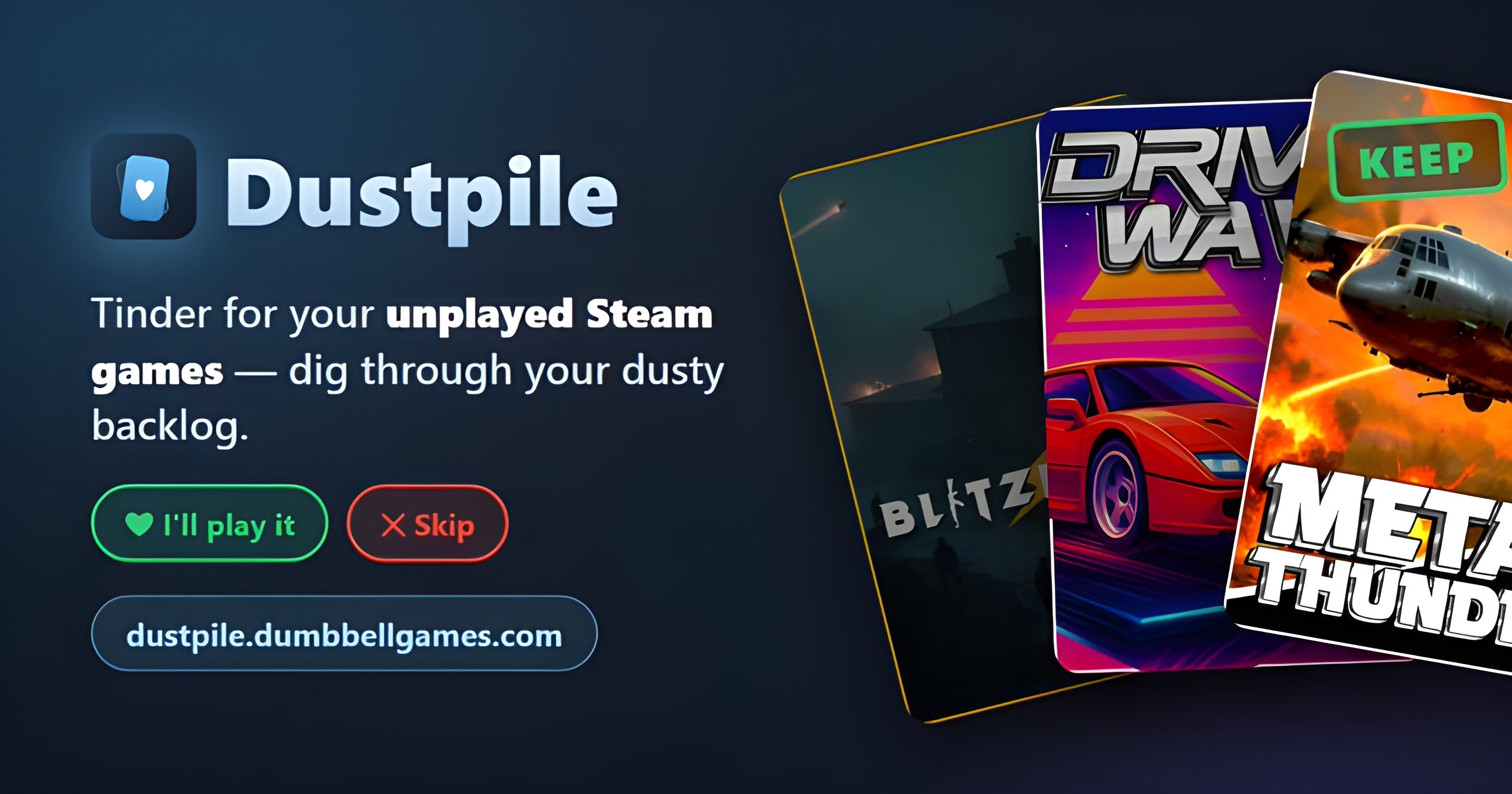Dustpile aide à trier les jeux peu utilisés de votre bibliothèque Steam grâce à une interface de type « swipe », pour choisir plus facilement à quoi jouer ensuite - © Dustpile