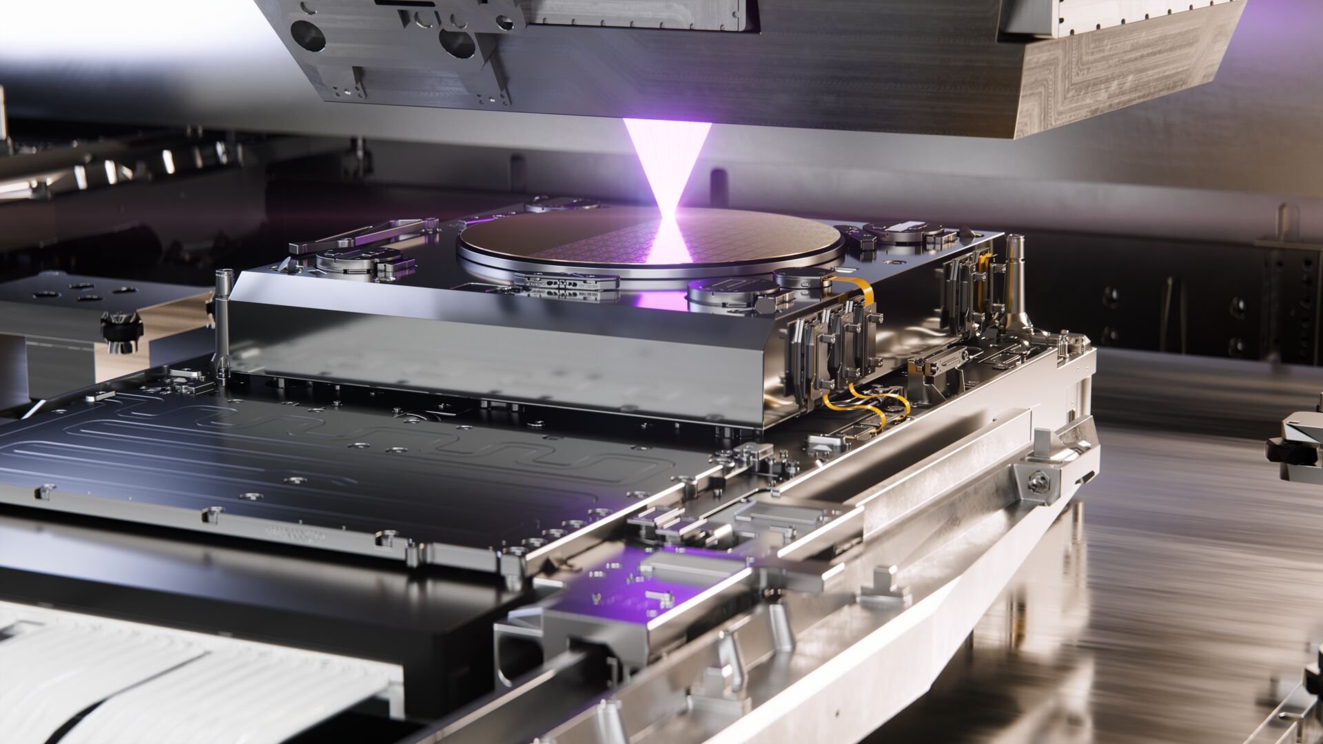 Image fixe d'une animation de lithographie EUV à haute ouverture numérique montrant la structuration d'une plaquette de silicium. © ASML