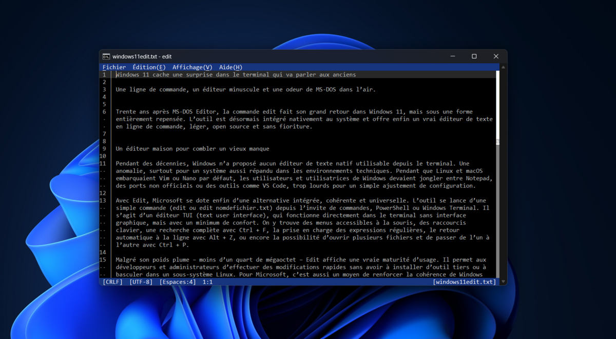 Edit est désormais inétgré nativement à Windows 11 pour les membres du canal Canary, et certains insiders Dev. © Clubic
