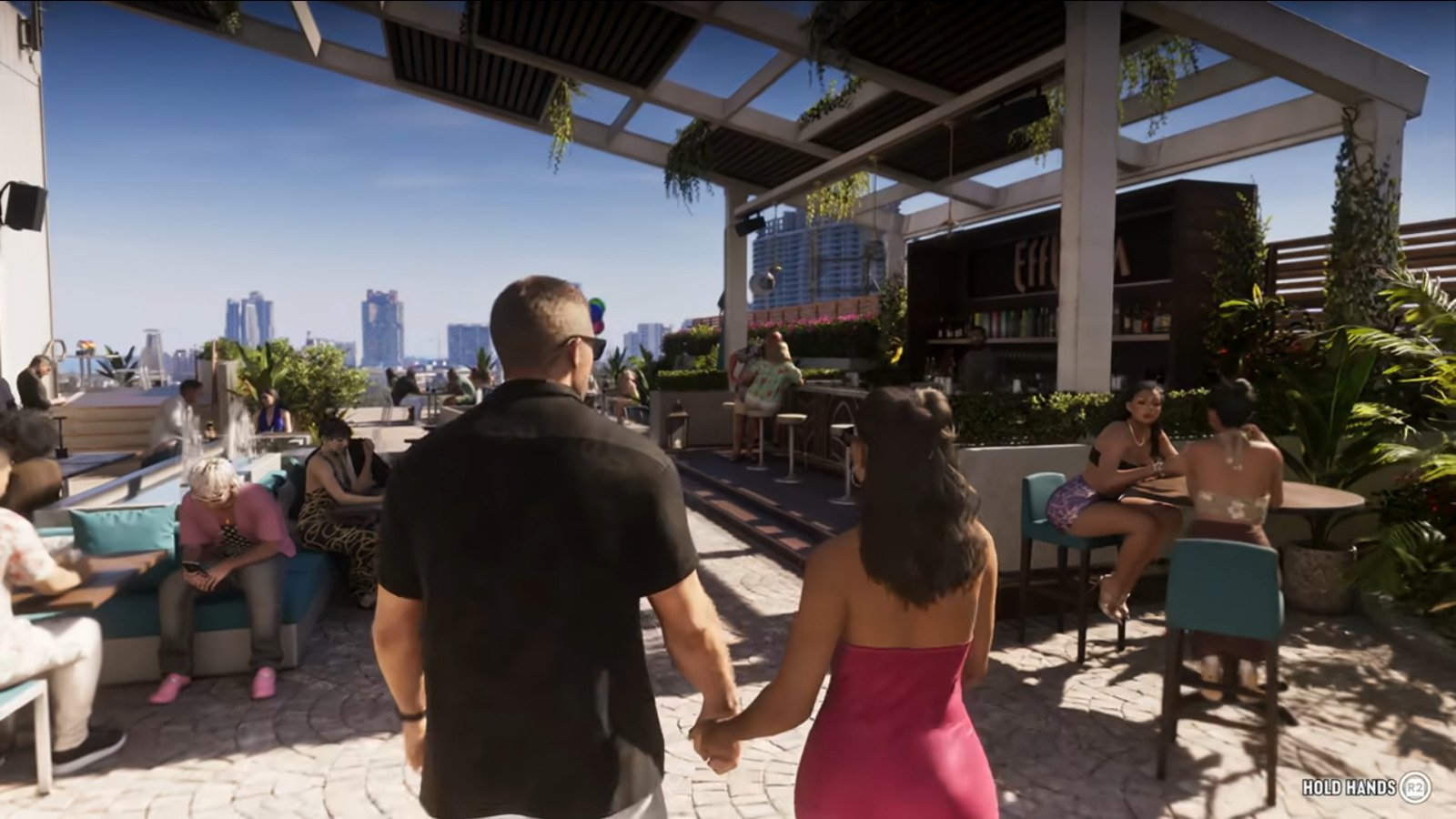 Lucia et Jason, les héros de GTA 6, main dans la main. La capture d'écran nous donne une idée des couleurs, du réalisme et de la beauté du jeu. © Alexandre Boero / Clubic / Rockstar Games