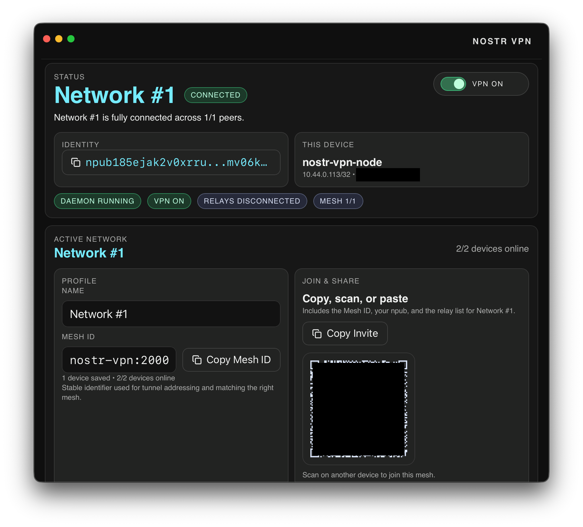 Nostr-vpn propose déjà une interface graphique pour gérer l’identité du mesh, les relais et les appareils connectés. © nostr-vpn