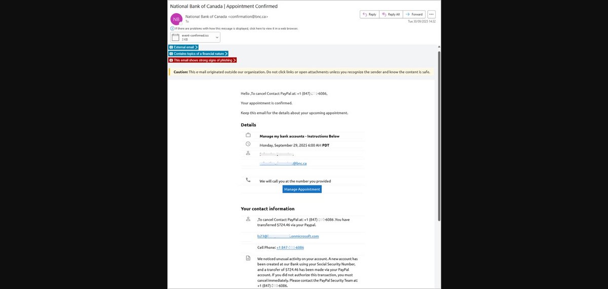 Le mail, détourné, de la Banque nationale du Canada © KnowBe4