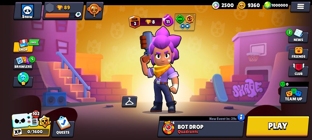 Null's Brawl offre un écran d'accueil complet regroupant la progression du joueur, les événements disponibles et les principales options de jeu. © Null's Team