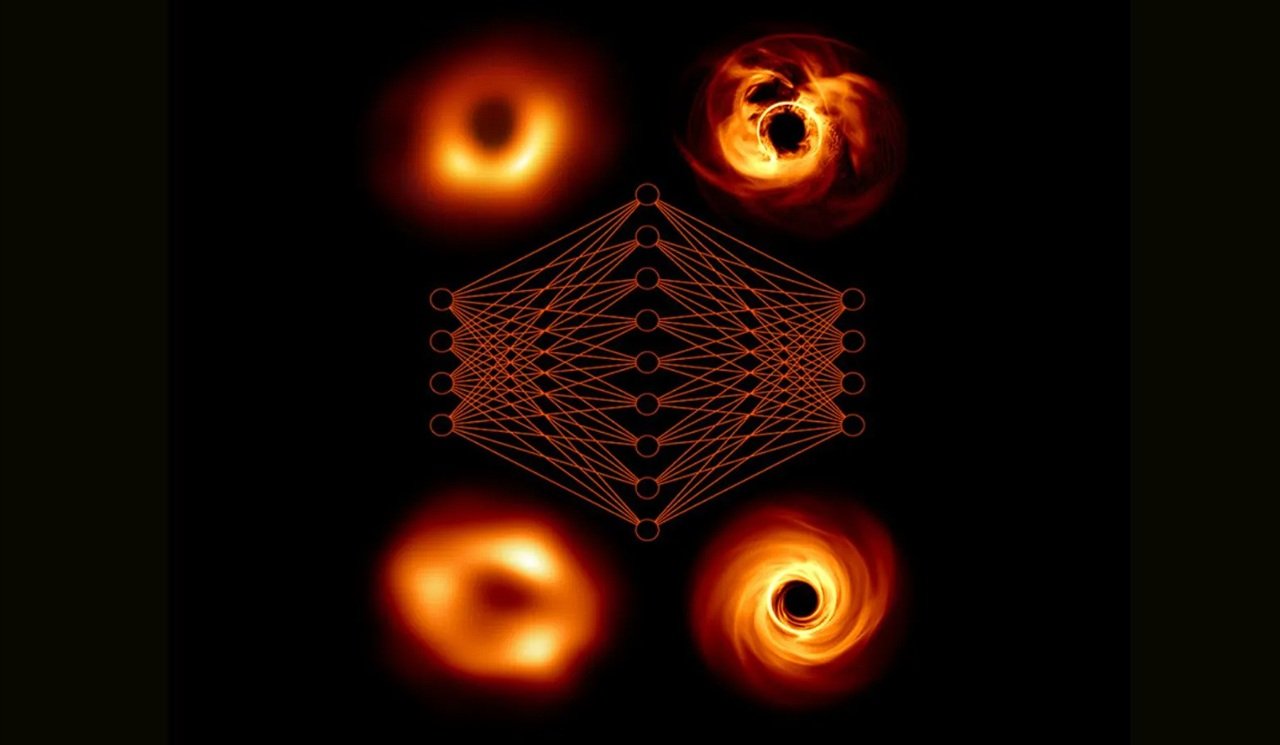 Impression artistique d'un réseau neuronal reliant les observations de trous noirs (à gauche) à leurs modèles (à droite) - ©EHT/Janssen et al.