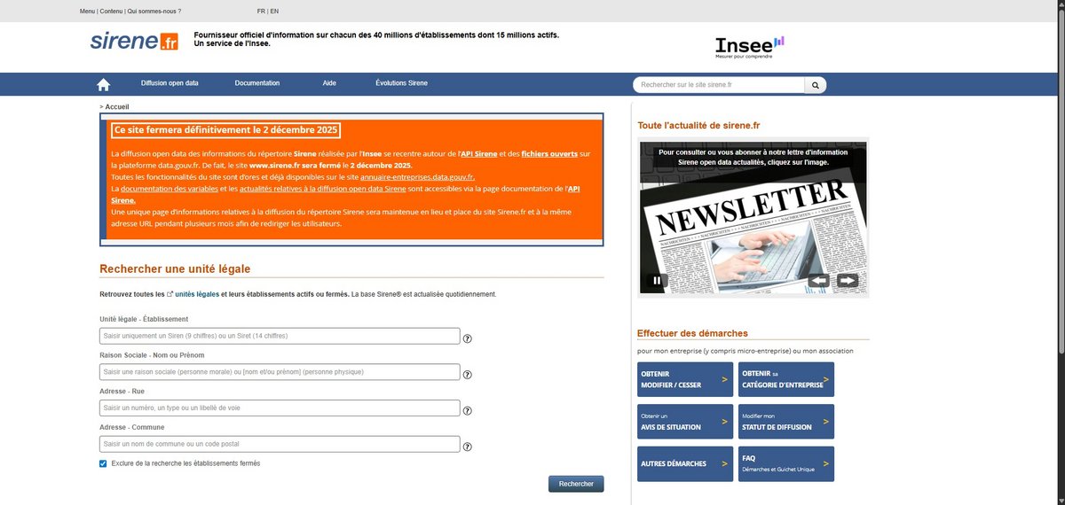 Capture d'écran du site Sirene.fr, le 28 novembre 2025, quelques jours avant sa fermeture. © Alexandre Boero / Clubic