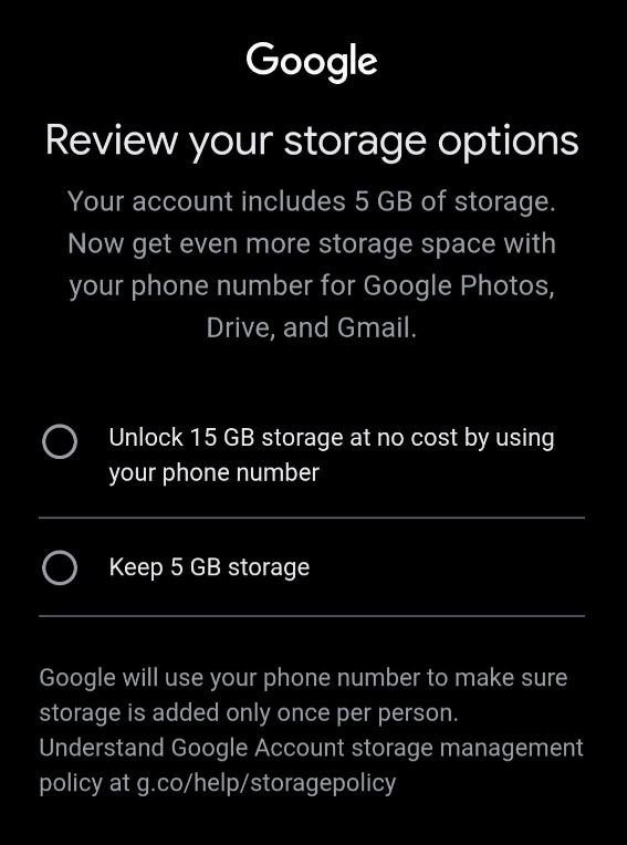 Un compte Google inclut désormais 5 Go de stockage cloud, les 15 Go étant débloqués en échange d'un numéro de téléphone. ©Reddit