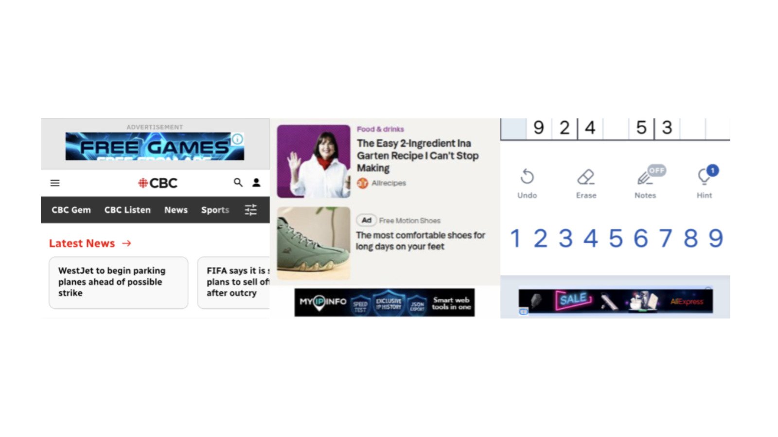 Trois publicités de Discover-Tech qui auraient pu servir à infecter leurs lecteurs, repérées par les chercheurs sur les sites de CBC et de Yahoo et dans une application de sudoku sur Android. À l’œil nu, rien ne les distingue d’une bannière ordinaire. © The Citizen Lab