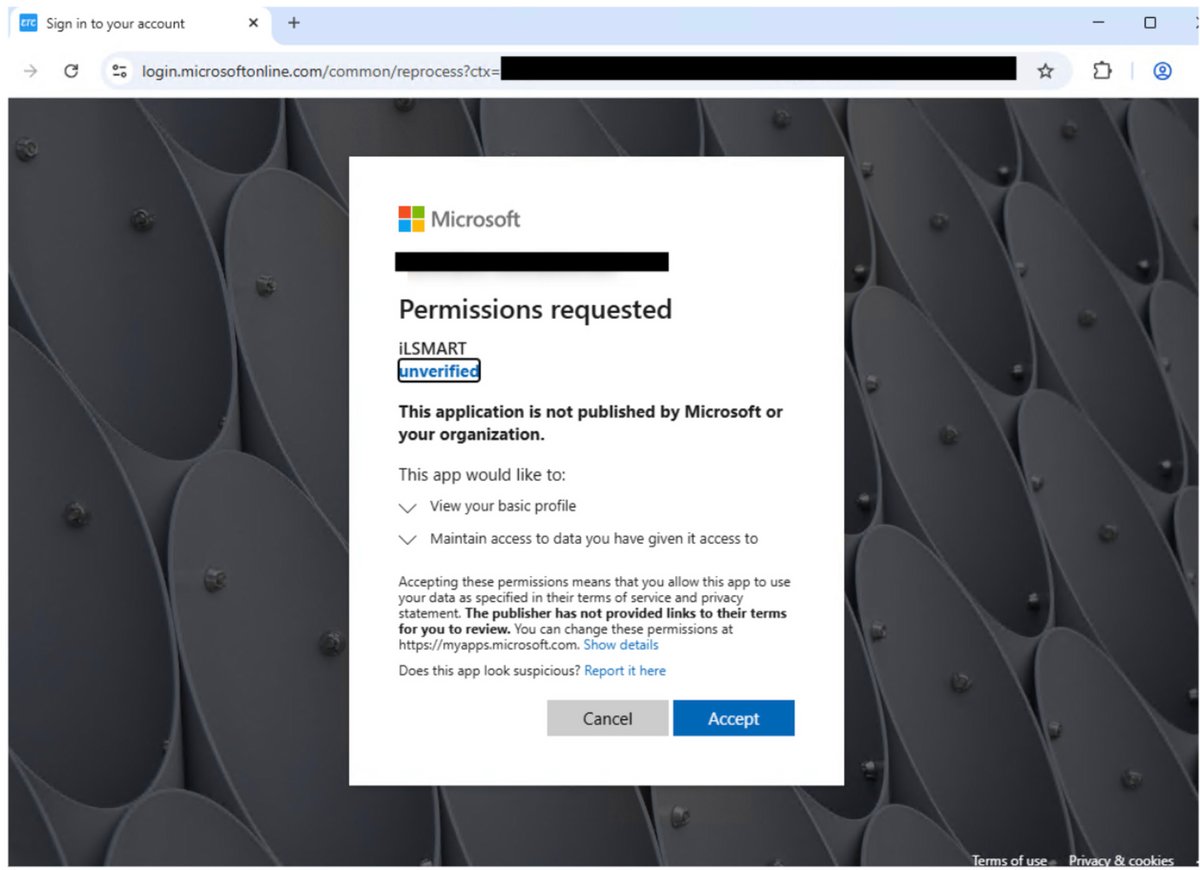 Voici une page de destination pour les autorisations demandées par une application OAuth malveillante © Proofpoint