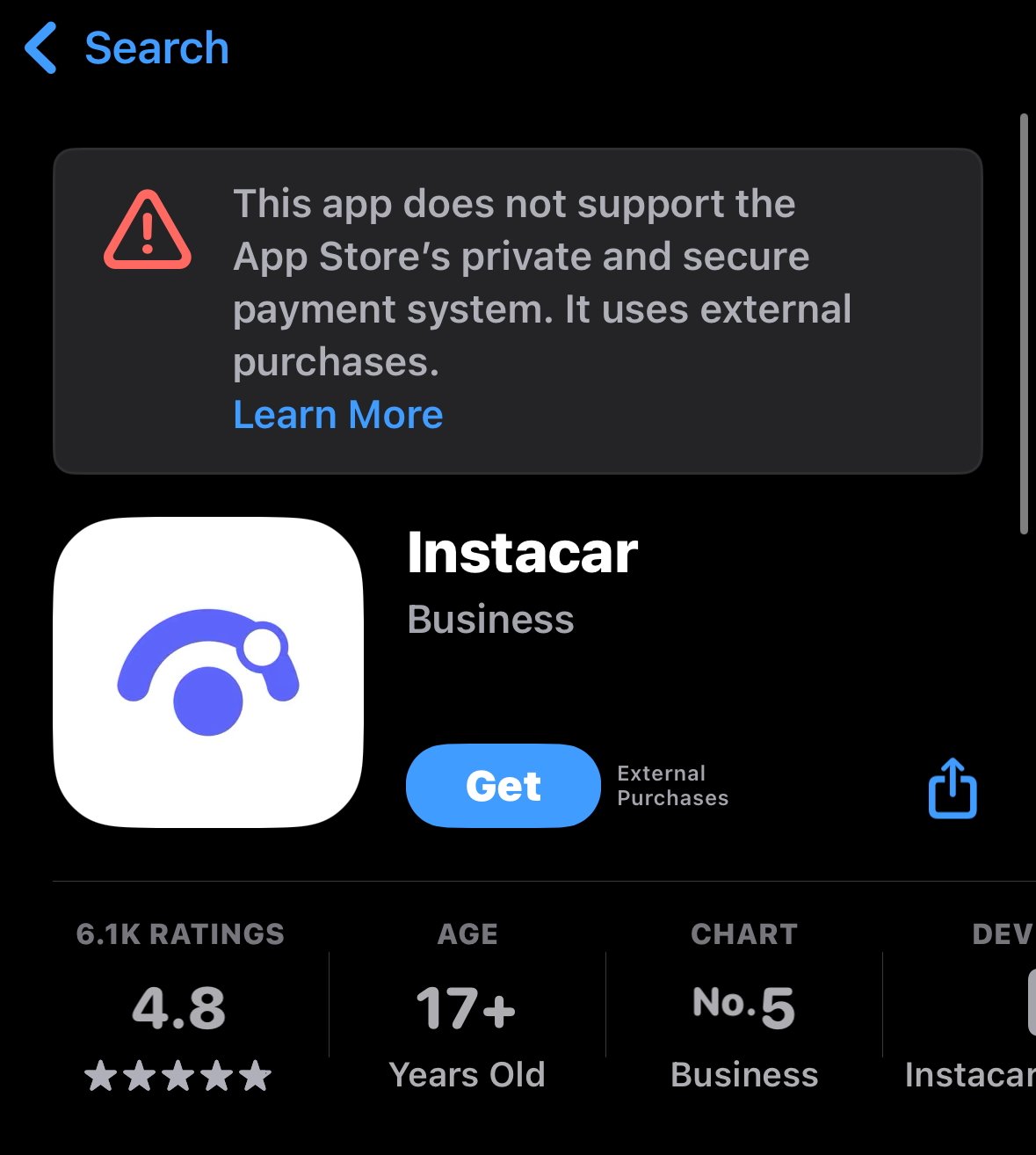 Le message d'Apple sur la fiche Instacar ©The Verge