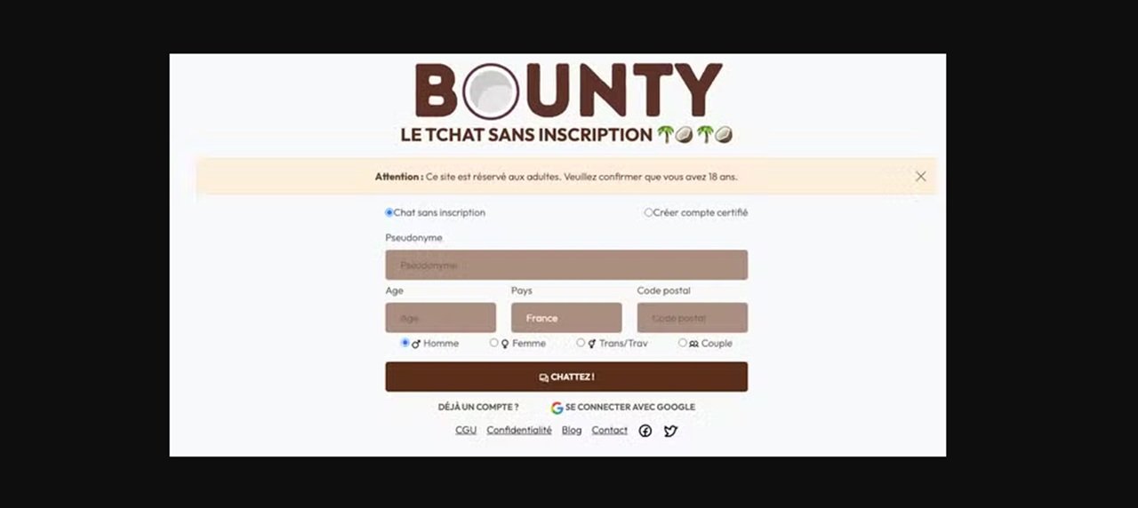 Bounty est un site de chat sans inscription, sans vérification de l'âge, dangereux pour les mineurs, qui diffuse des contenus à caractère pédopornographiques - Capture d'écran © Mélina Loupia pour Clubic