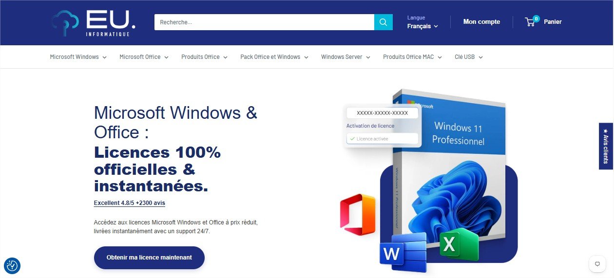 La page d’accueil met en avant les licences Windows et Office, avec un accès direct à la recherche, au compte client, au panier et aux principales catégories de produits Microsoft. © EU Informatique