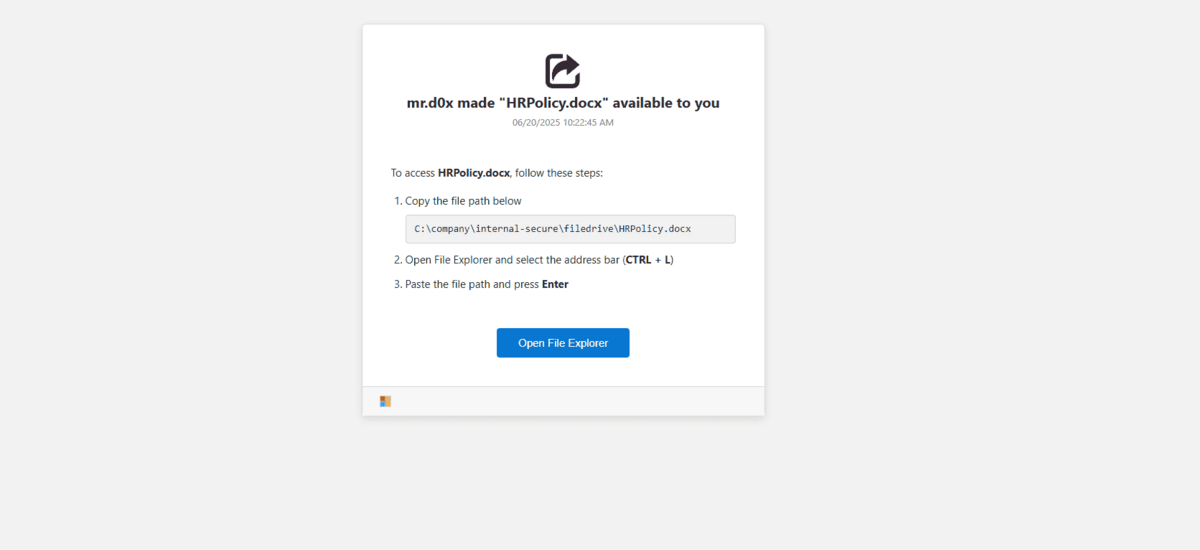 Dans les attaques FileFix, la victime est amenée à récupérer manuellement un fichier en copiant un chemin d'accès factice dans l'Explorateur. En réalité, elle exécute une commande PS malveillante à son insu. © mr.d0x