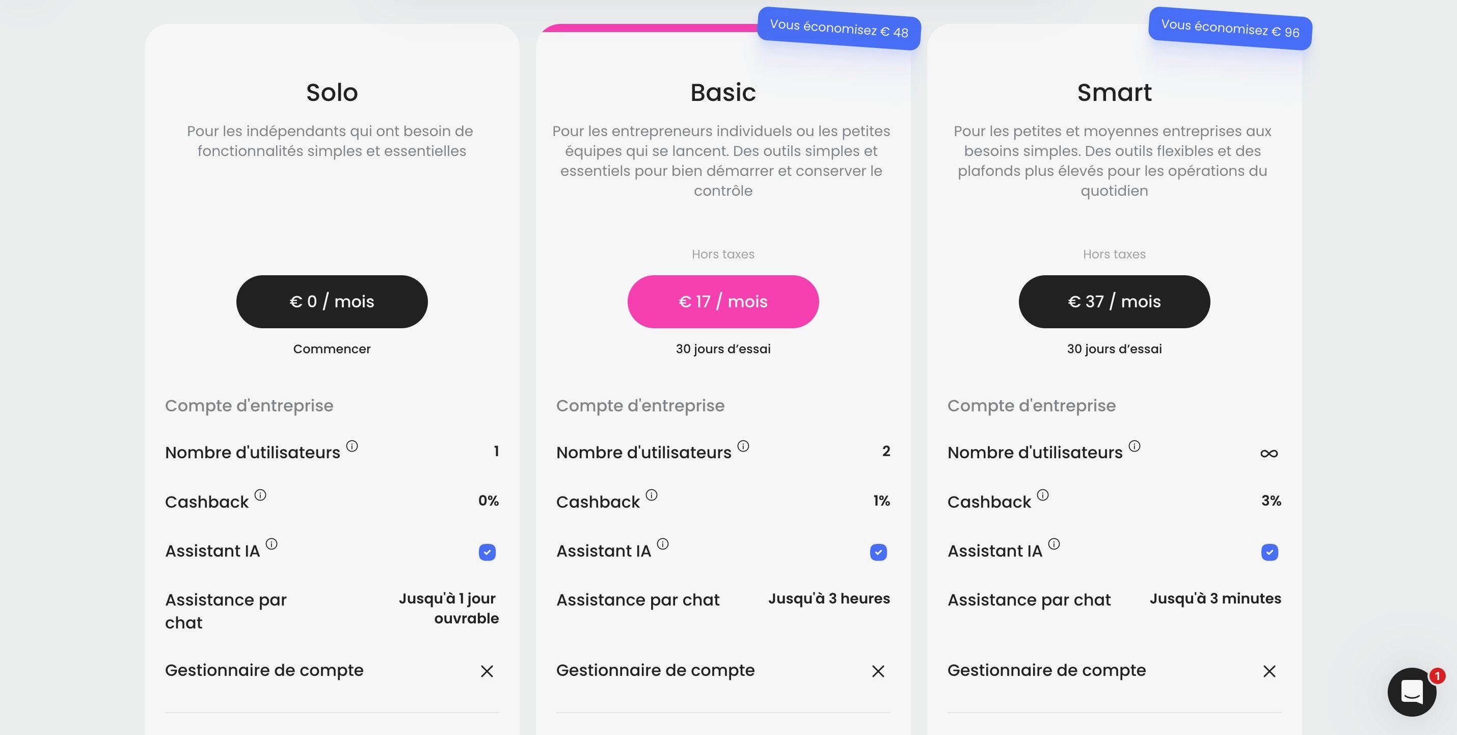 Tarifs Finom pour les EI - Capture d'écran ©Finom / Clubic