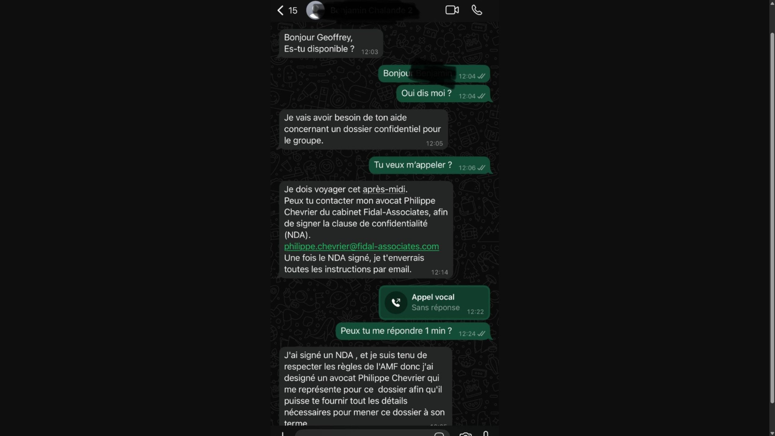 Voici le fameux échange sur WhatsApp © Geoffrey Cuberos sur LinkedIn