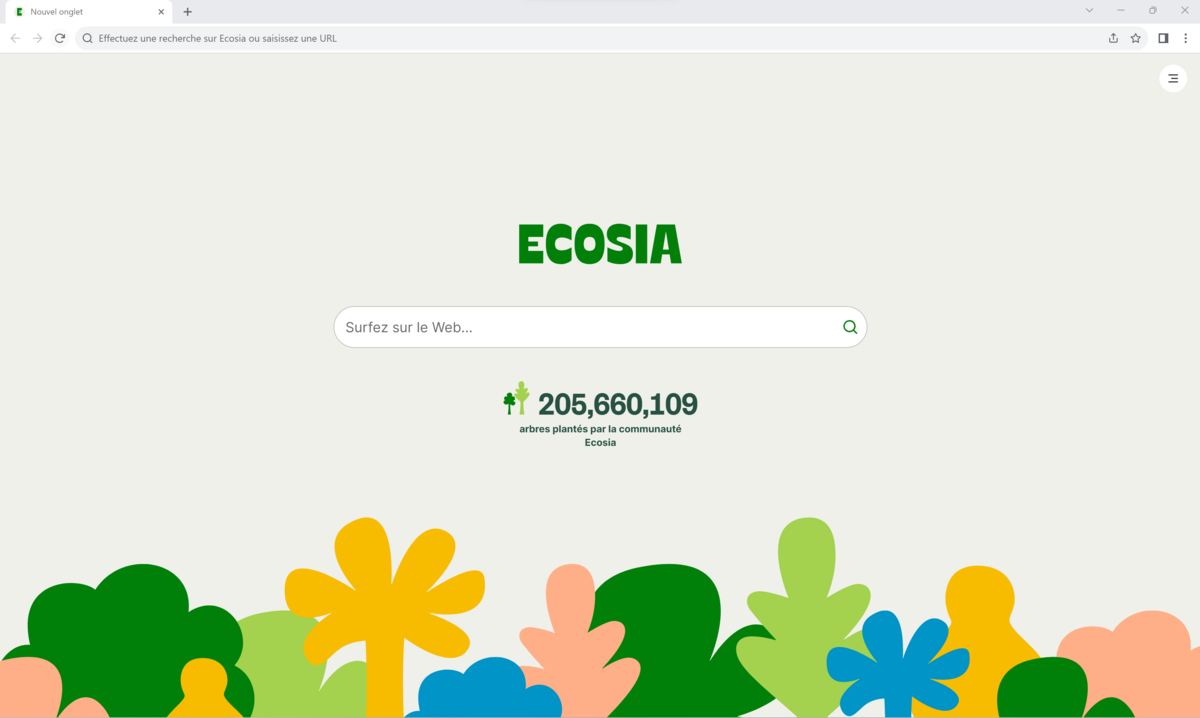 Le navigateur comprend un compteur d'arbres qui montre le nombre d'arbres plantés grâce à l'utilisation d'Ecosia, renforçant la prise de conscience de l'utilisateur quant à son impact positif direct sur l'environnement.