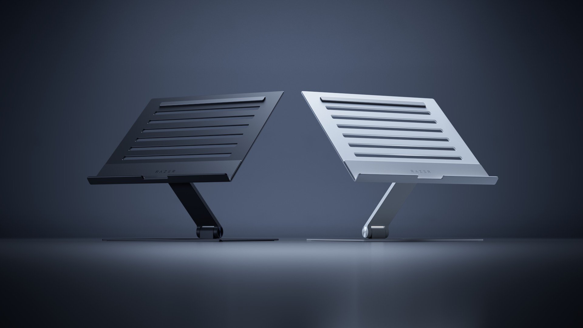 Le support Adjustable Laptop Stand est disponible en alu noir ou gris. ©Razer