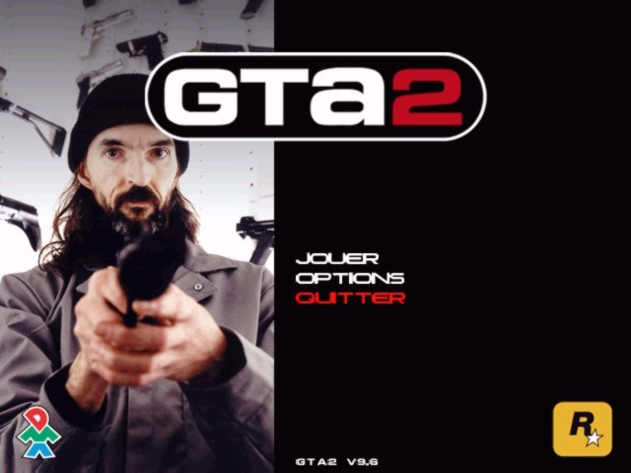 Menu principal de GTA 2, avec son logo reconnaissable et une ambiance sombre qui pose le ton du jeu. - © Grand Theft Auto 2