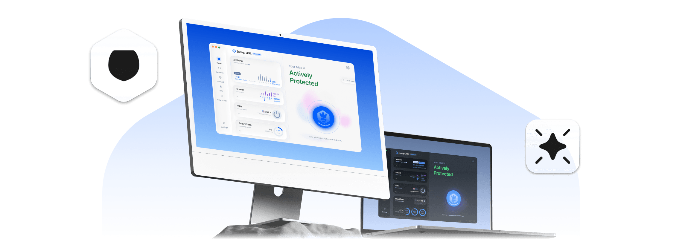 Interface principale d’Intego One avec antivirus, pare-feu et VPN intégrés sur Mac. © Intego One