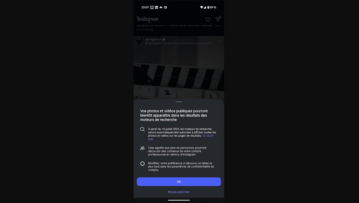 Voici le message affiché sur Instagram au sujet de l'apparition dans les résultats de recherche des photos et vidéos publiques Instagram © Clubic