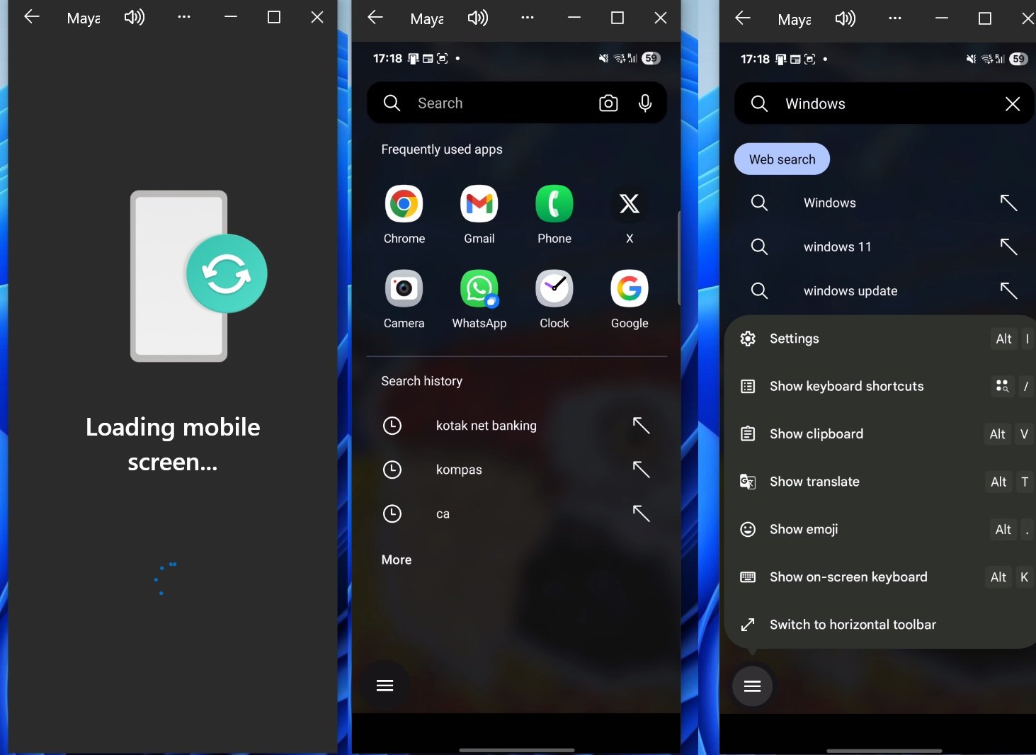 Le mirroring Android débarque nativement sur Windows 11, et permet d'interagir avec l'écran de son smartphone directement depuis son PC. © Windows Latest