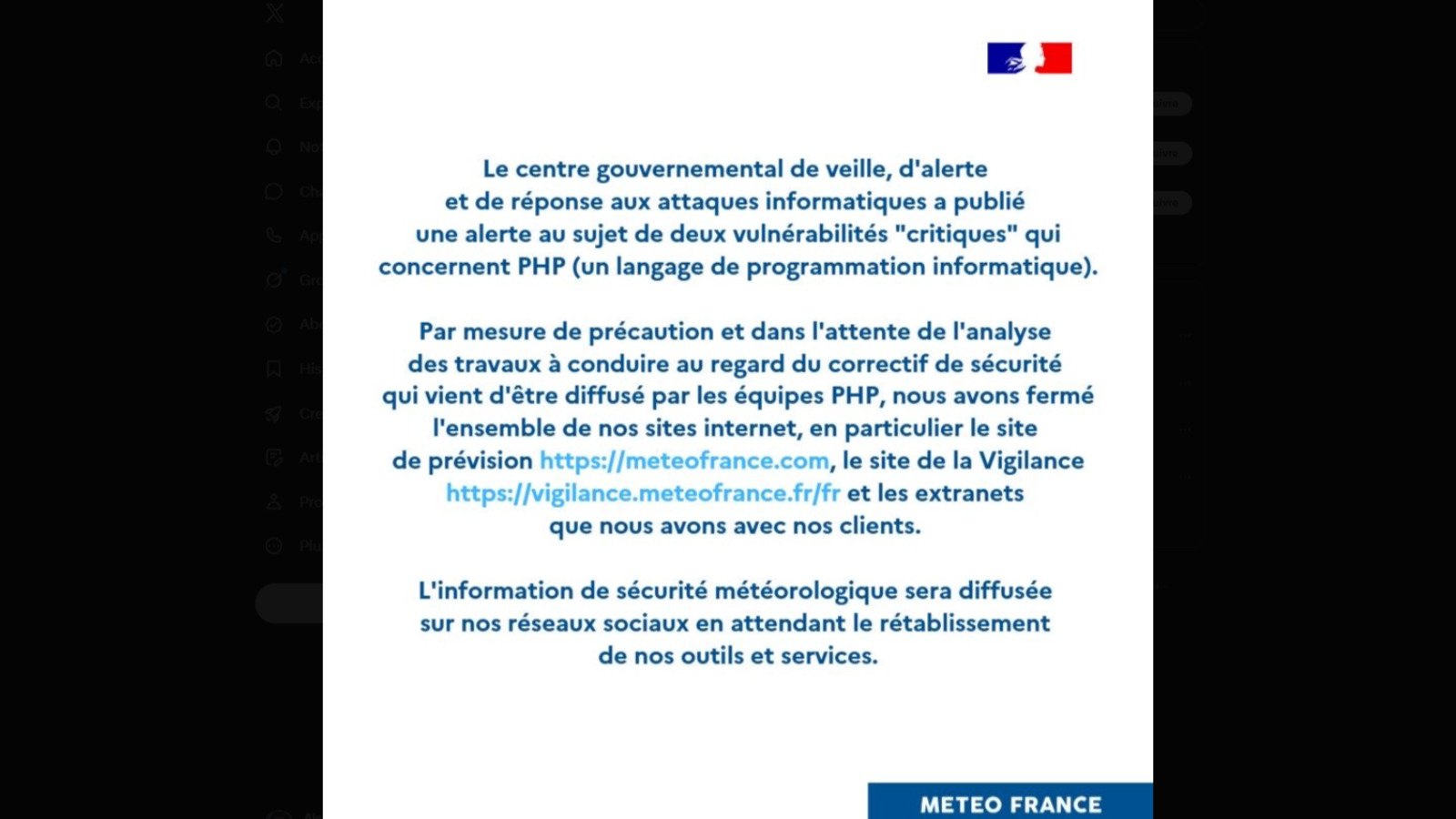 Le message de Météo France. © Capture d'écran Alexandre Boero / Clubic