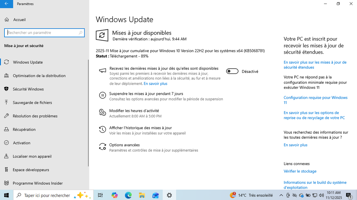 Vous pouvez télécharger la denrière mise à jour de sécurité pour Windows depuis Windows Update, à condition de vous être inscrit au programme ESU. © Clubic