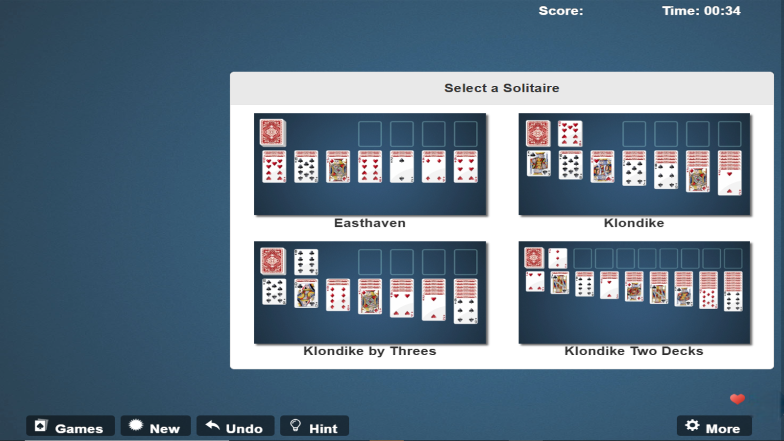 Klondike Solitaire est un jeu de cartes en ligne qui reprend les règles classiques du solitaire. Son interface simple vise à faciliter les parties en mettant en avant les commandes utiles. © Tree Card Games