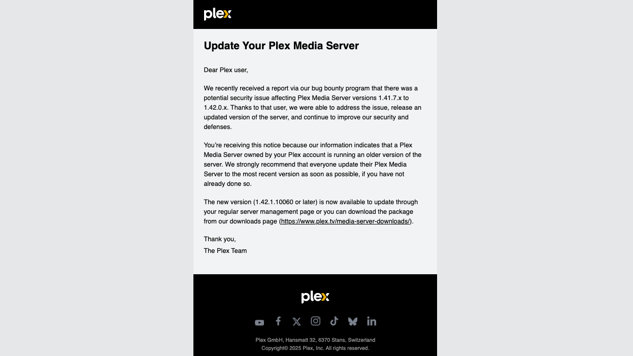 Voilà le mail que les utilisateurs et utilisatrices de Plex ont pu recevoir pour les inciter à mettre à jour Plex Media Server vers la denrière version. © Chloé Claessens / Clubic