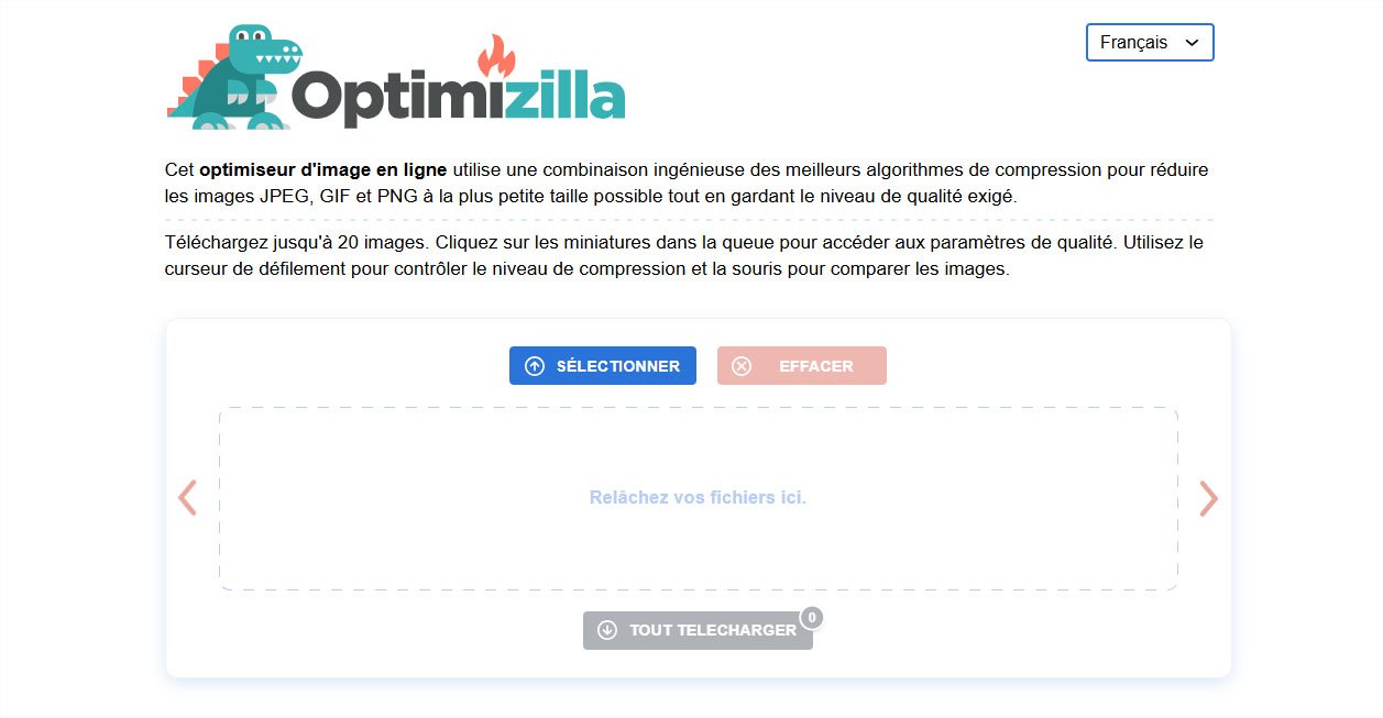Interface d’accueil d’Optimizilla, avec les options de sélection, glisser-déposer et aperçu des images à compresser. - © Optimizilla