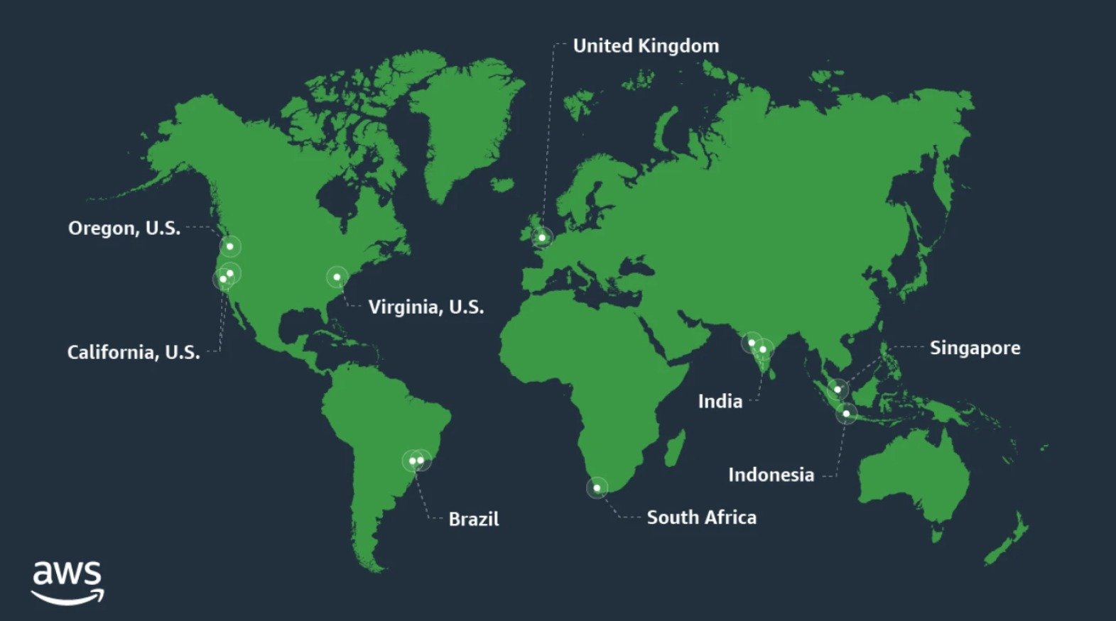La carte des 20 centres de données AWS utilisant de l'eau recyclée pour le refroidissement © AWS