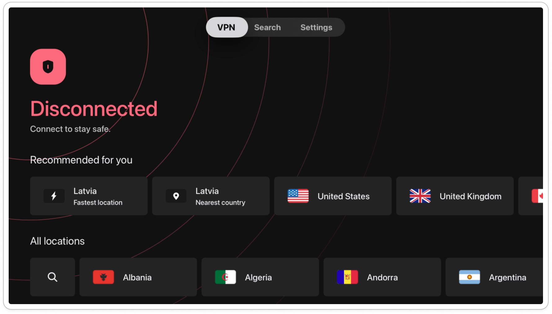 Une vraie interface sur tvOS : adios Smart DNS ! © Surfshark