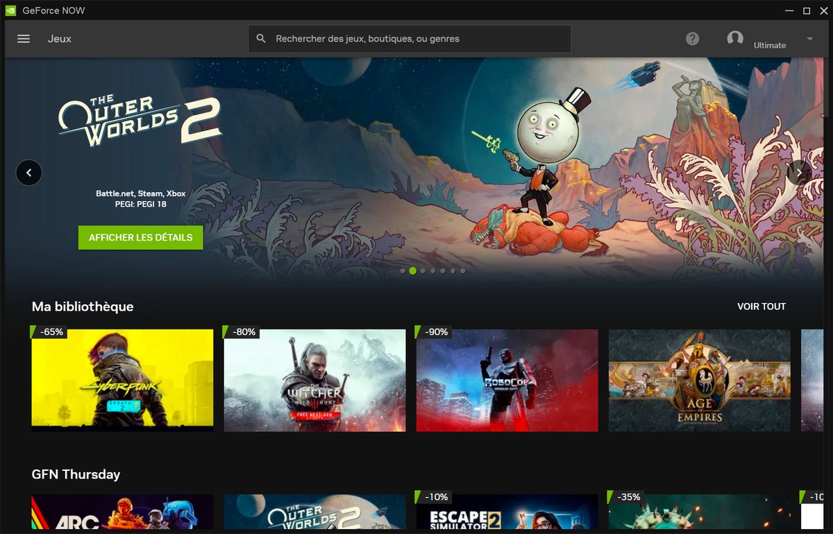 L'arrivée sur l'écran d'accueil, classique, de l'application GeForce NOW. ©Le Studio Clubic