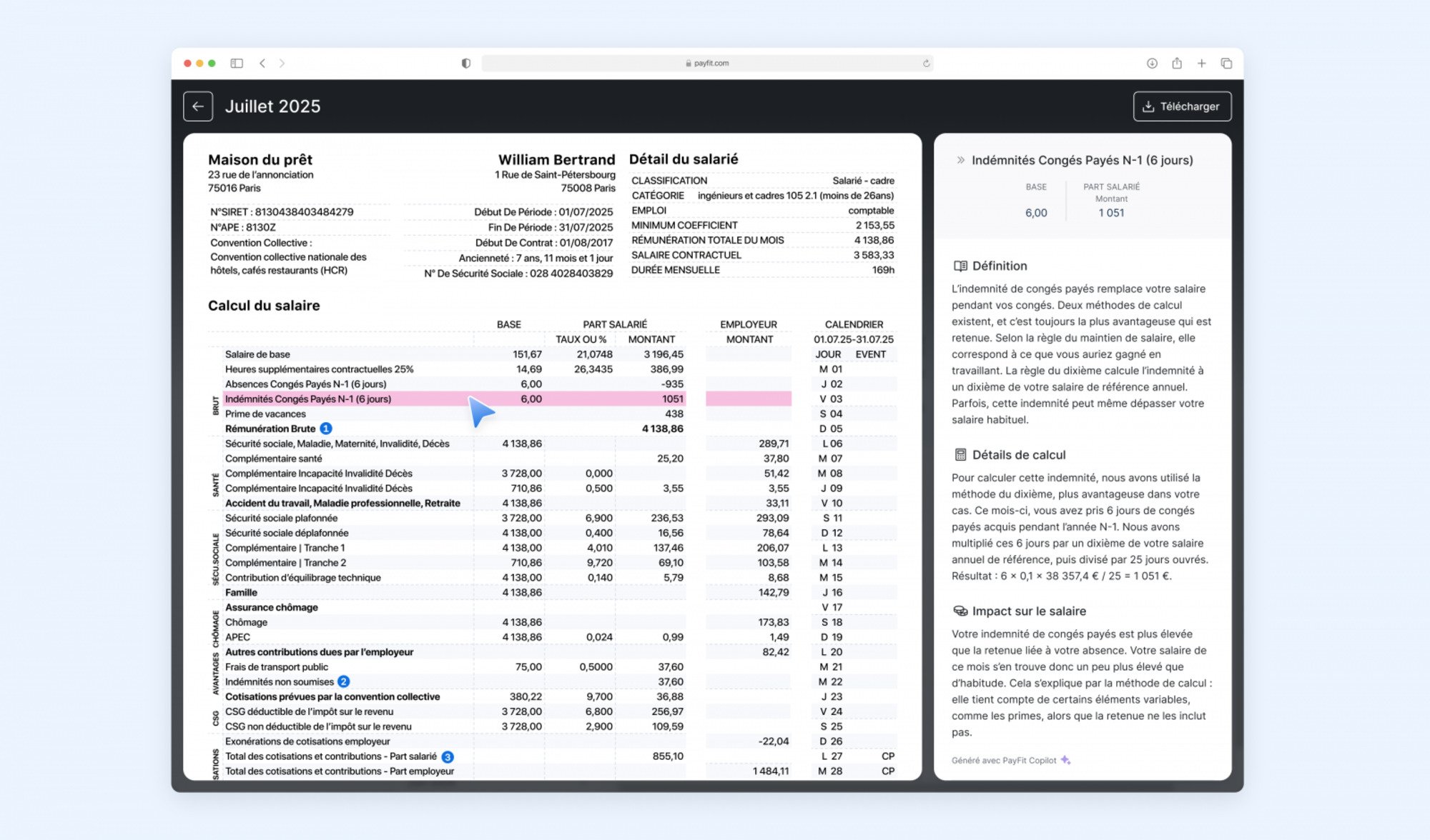 Voici à quoi ressemble plus en détails le bulletin de salaire interactif © PayFit