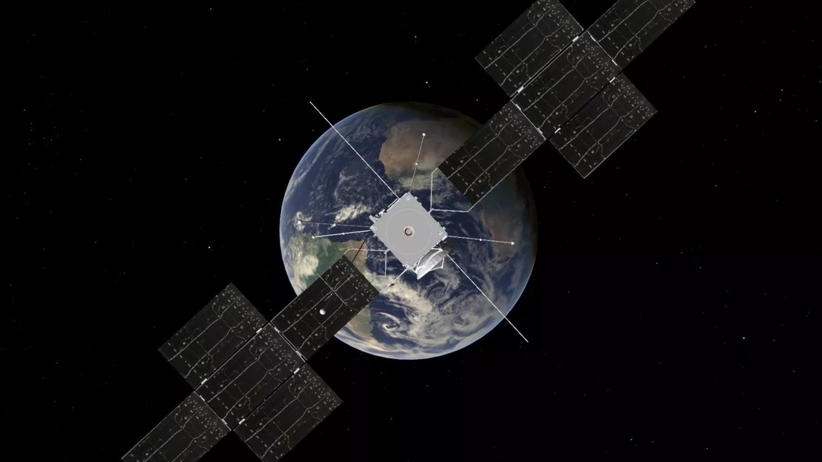 Vue d'artiste de la sonde Juice face à la Terre, dont elle a utilisé la gravité le 28 septembre pour relancer sa course vers Jupiter. © ESA