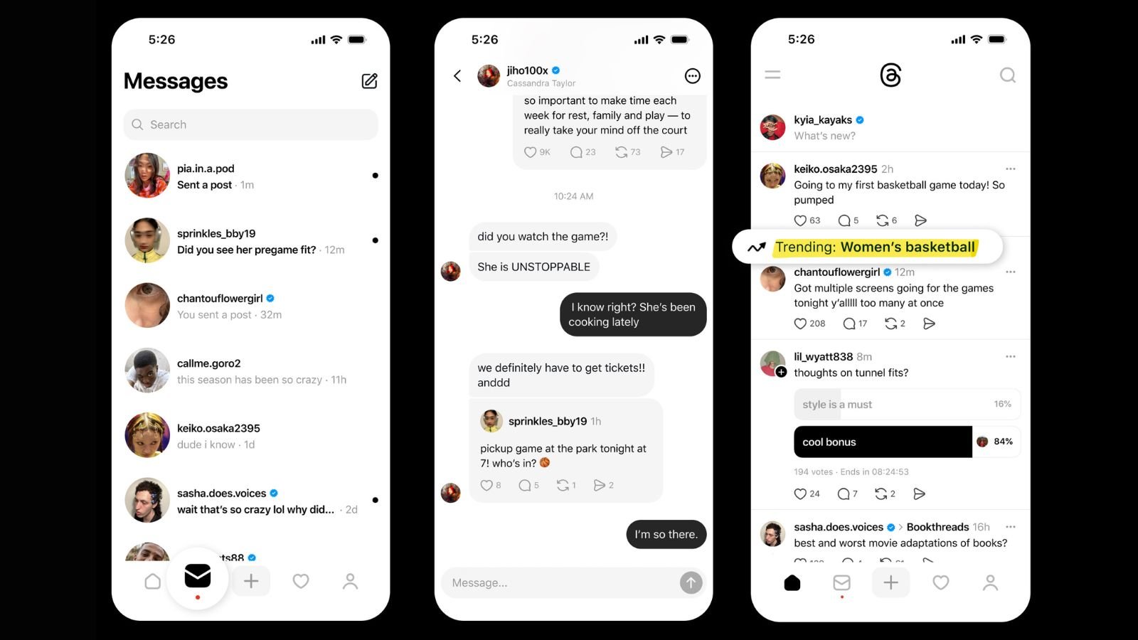 Une messagerie privée et un surligneur de tendances intégrés dans Threads. ©Meta