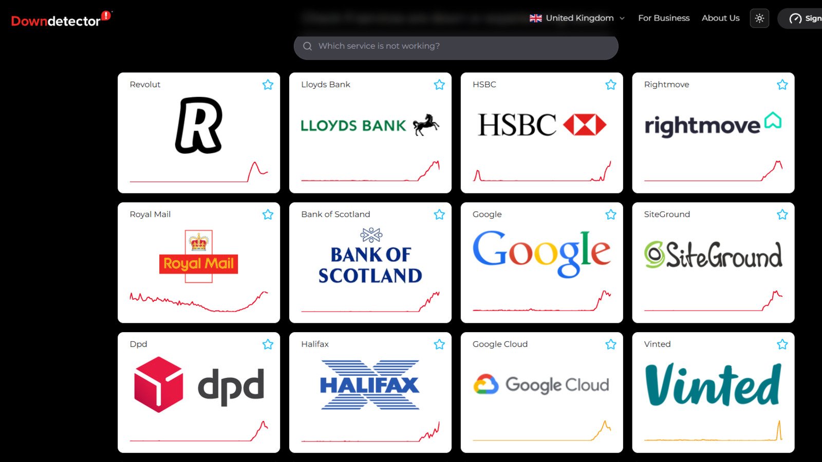 Le downdetector britannique est rouge, rouge et rouge. © Alexandre Boero / Clubic