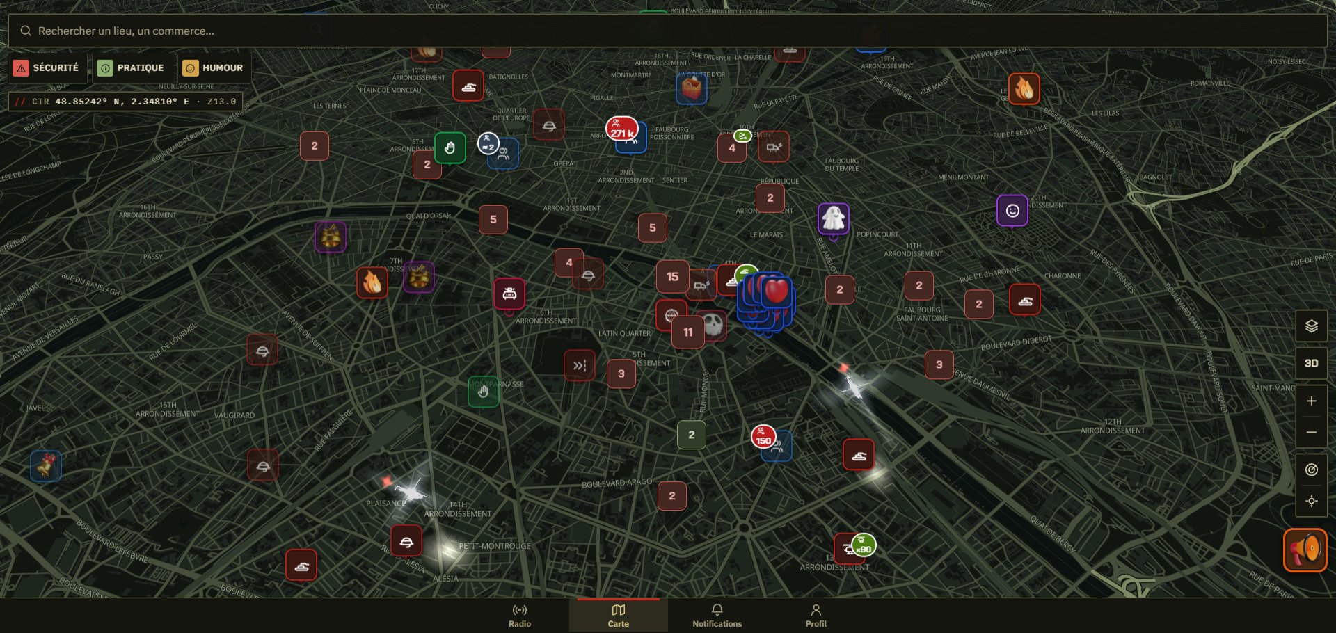 Jeudi soir, deux jours avant la mobilisation, la carte parisienne de 17octobre.app affichait déjà feux, hélicoptères et un groupe estimé à 271 000 militants. © Alexandre Boero / Clubic